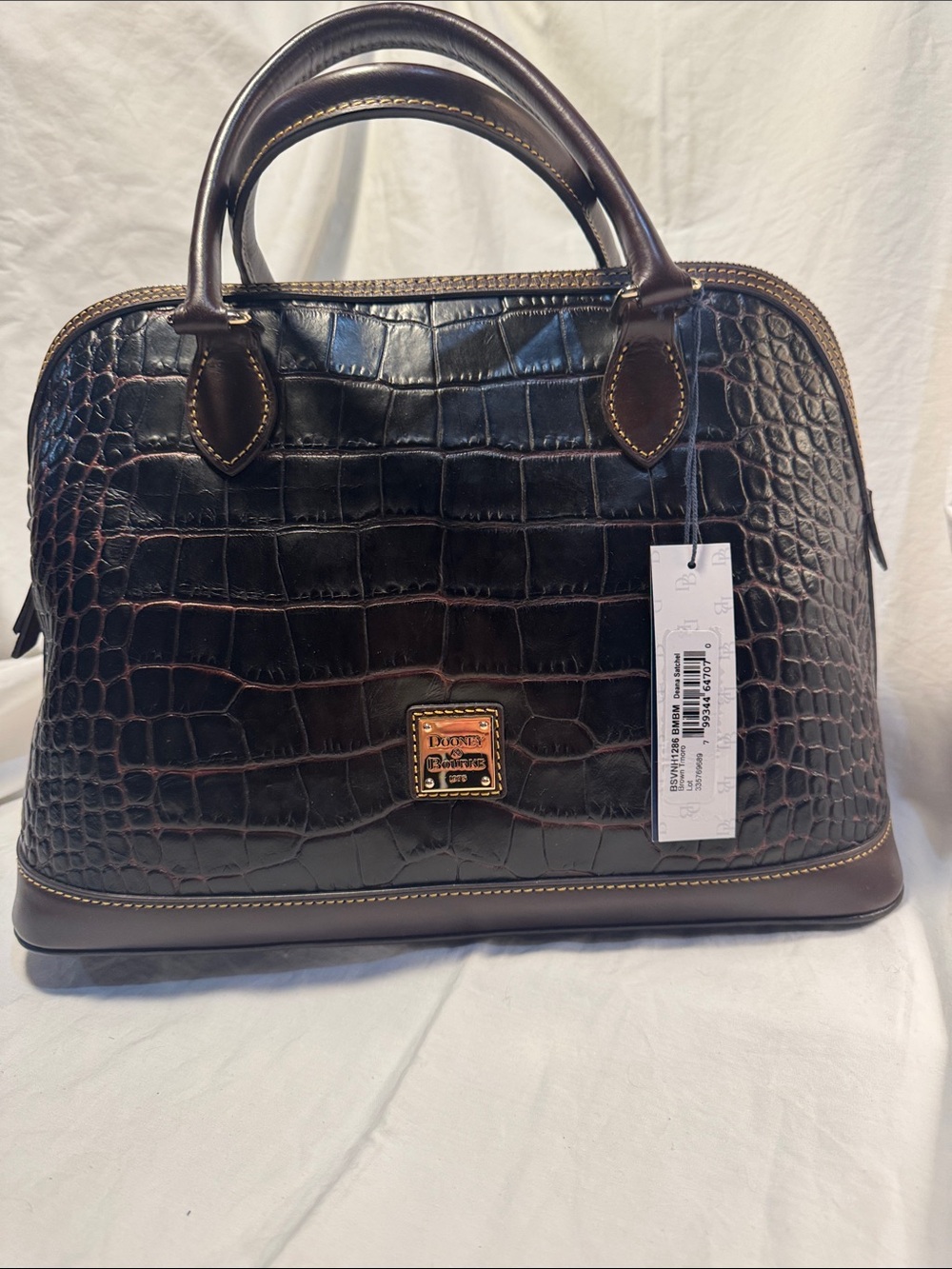 Dooney & Bourke Brown Croc-Embossed Tmoro Dome Satchel with Gold Plaque